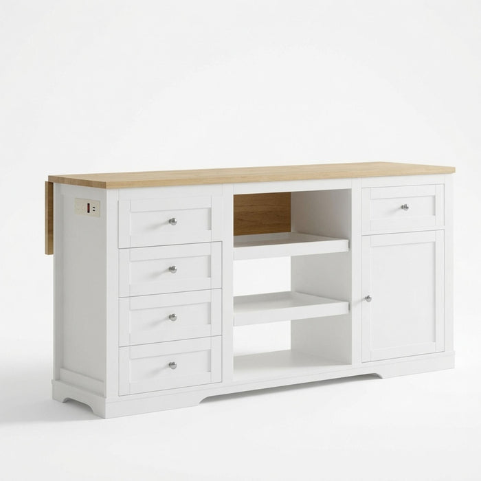 Drop Leaf Kitchen Island With Storage, Power Outlet & Pet Bowl Drawer - White / Light Oak Home Essentials