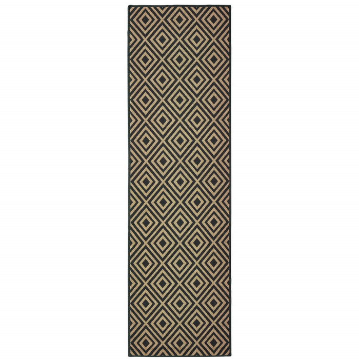 2' X 8' Geometric Stain Resistant Indoor / Outdoor Area Rug - Black / Tan