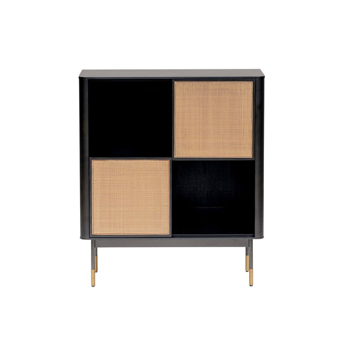 Wood And Wicker Accent Cabinet - Black / Beige