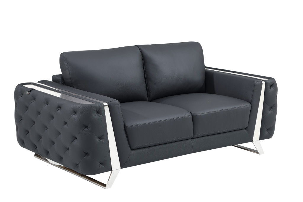 Genuine Leather Loveseat - Dark Gray / Silver