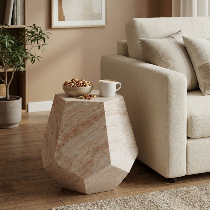 Outdoor / Indoor Lightweight Concrete Side Table, Hexagonal Round Travertine Accent Table - Beige