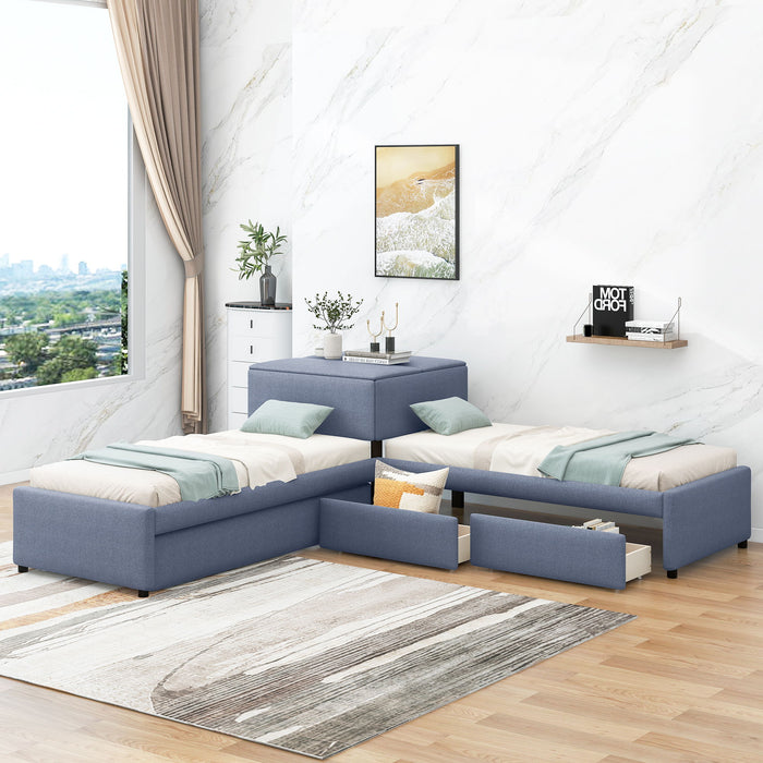 L Shaped Upholstered Platform Bed With Trundle And 2 Drawers Linked With Built In Desk Hearth and Haven