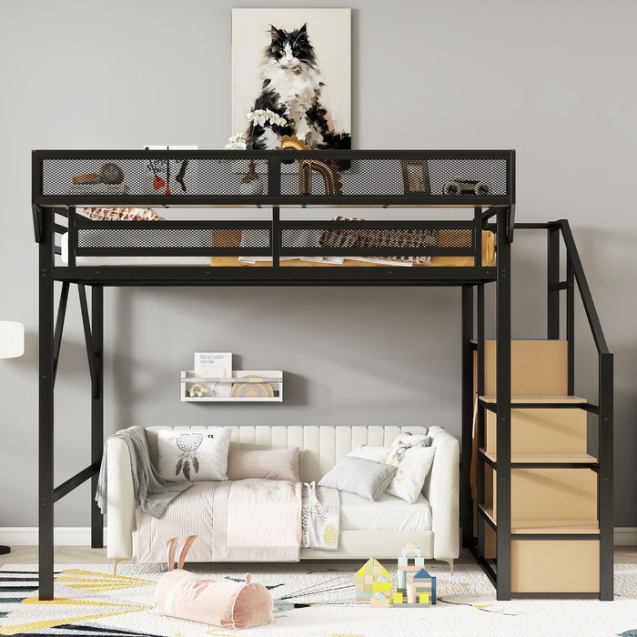 Queen Size Loft Bed & Stairs, Storage Shelves, Wardrobe - Black / Wood Home Essentials