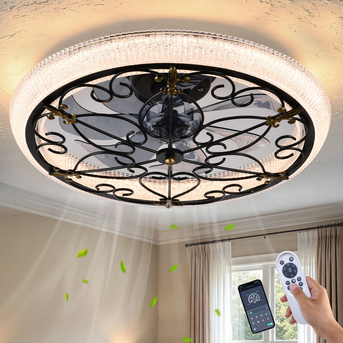 20" Caged Ceiling Fan With Remote Control And Crystal Sand Lampshade - Matte Black Daily Nest
