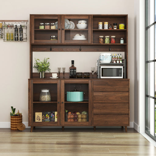 Large Kitchen Hutch Cabinet, Storage Kitchen Cupboard With 4 Doors, 4 Drawers & Microwave Shelf - Walnut Home Essentials