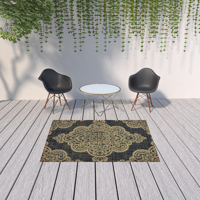 5' X 8' Oriental Stain Resistant Indoor / Outdoor Area Rug - Black / Tan