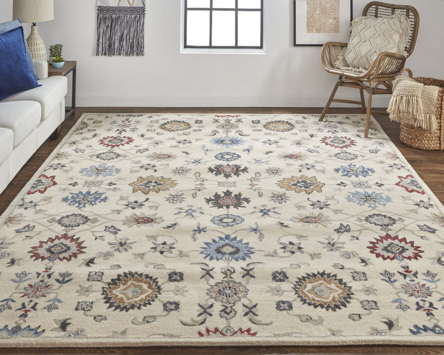Floral Tufted Handmade Stain Resistant Area Rug - Ivory Blue And Tan Wool - 8' X 10'
