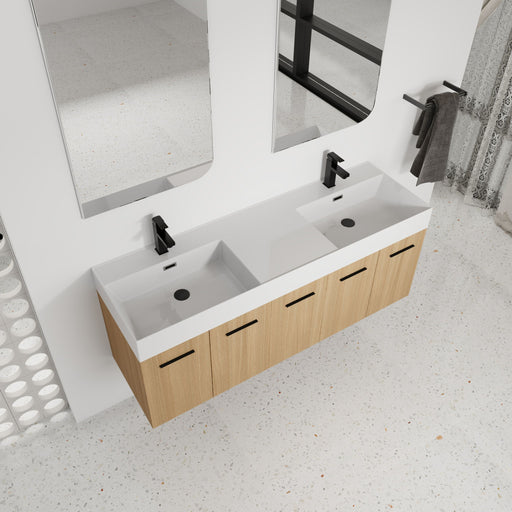 Floating Double Sink Bathroom Vanity With Extra Large Storage, Integrated Sink, Soft Close Doors, Wall Mounted Bath Vanity - Glossy White / Light Oak Home Essentials