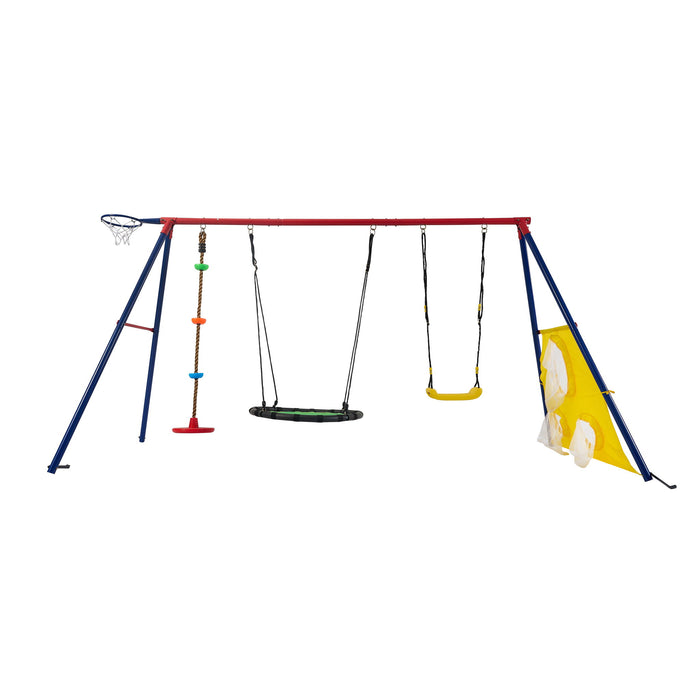 5 In 1 Swing Set With Textilene Swing And Tree Swing Disc Metal Plastic Safe Swing Seat For Outdoor Playground - Blue / Green