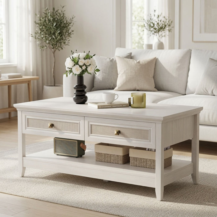 Coffee Table With Drawers & Storage Shelf - White Home Essentials