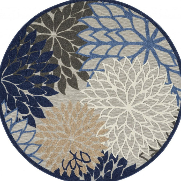 8' Round Round Floral Indoor / Outdoor Area Rug - Blue / Gray