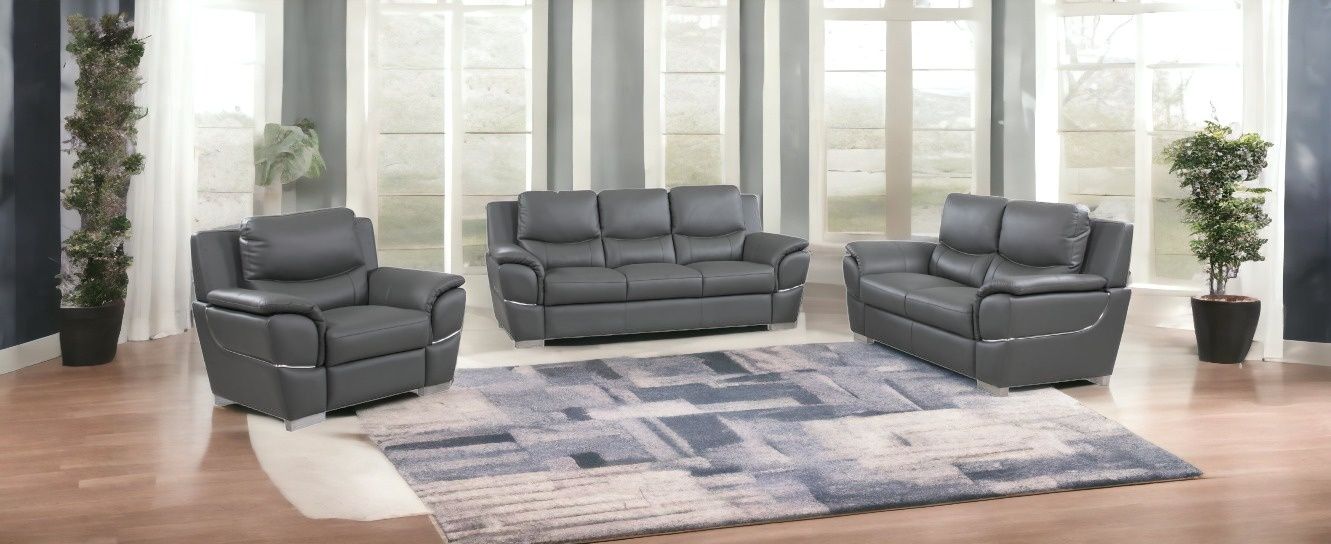 Three Piece Indoor Genuine Leather Six Person Seating Set - Gray