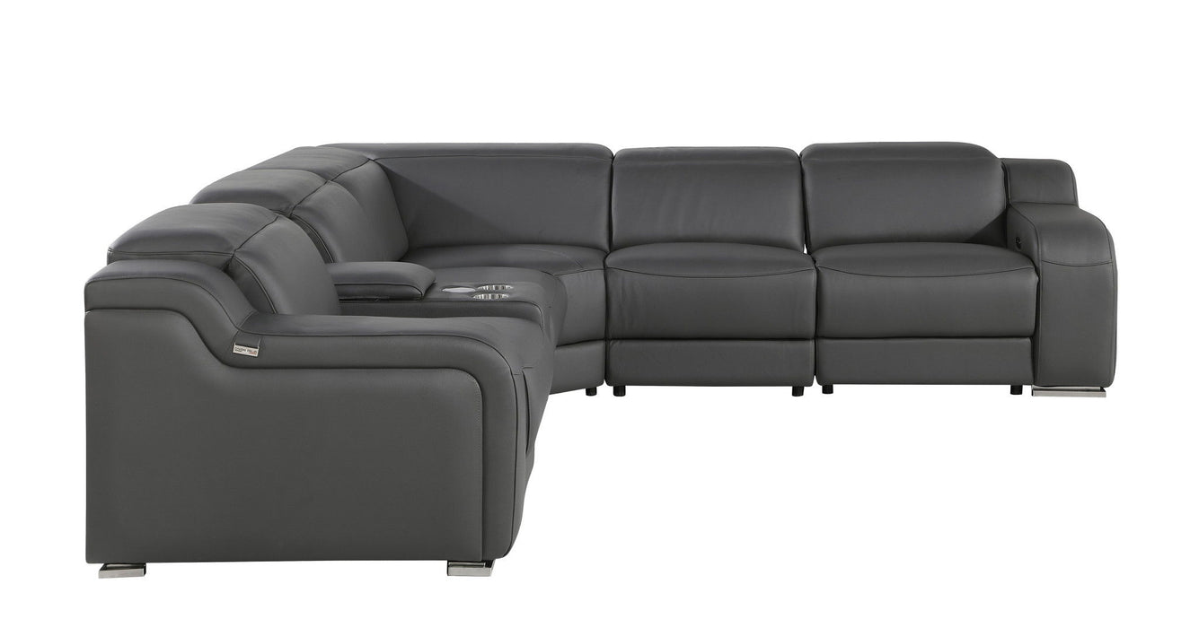 Italian Leather Power Reclining L Shaped Six Piece Corner Sectional With Console - Dark Gray