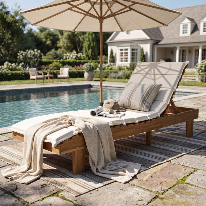 Chaise Lounge With Multi Fold Cushion, 3 Position Adjustable Backrest For Patio - Beige / Teak Noble House