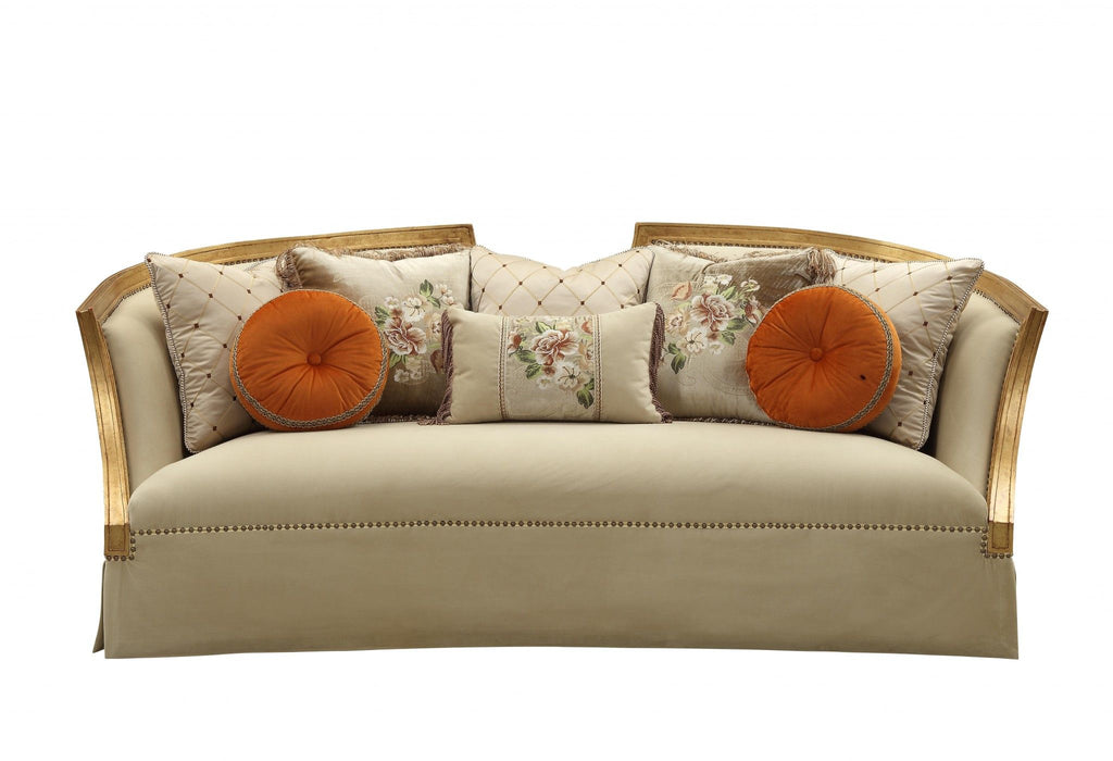 Velvet Curved Sofa And Toss Pillows With Natural Legs - Beige