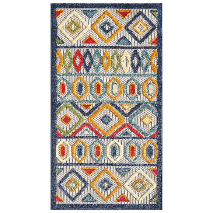 5' X 7' Southwestern Stain Resistant Indoor / Outdoor Area Rug - Ivory / Blue