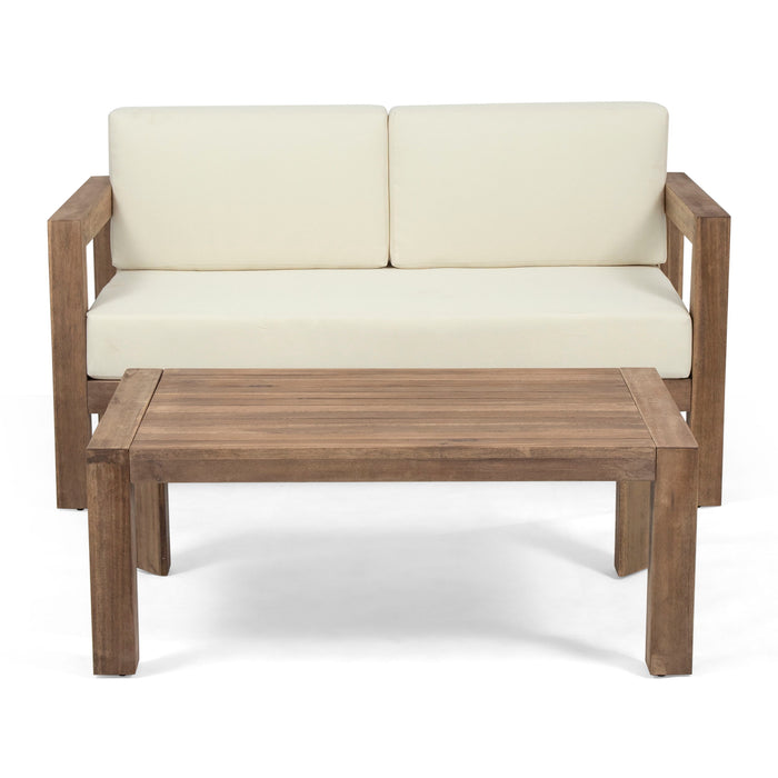 Genser Outdoor 4 Seater Acacia Wood Chat Set _Loveseat & Coffee Table & Club Chair