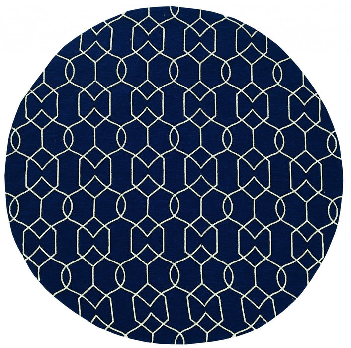 7' Hand Hooked UV Treated Geometric Round Indoor / Outdoor Area Rug - Navy Blue