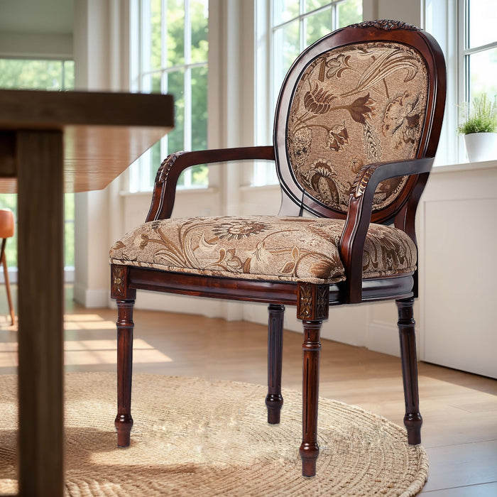 Bernice - Oval Back Chair With Floral Carvings - Brown / Beige Gray