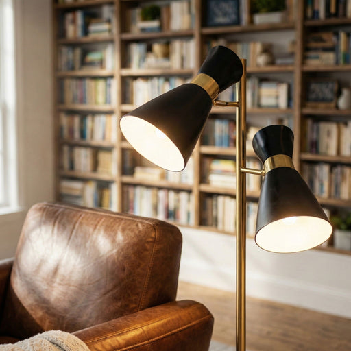 Axis - Floor Lamp With 4 Way Switch Double Spots With Base - Black / Gold Ashcroft Furniture