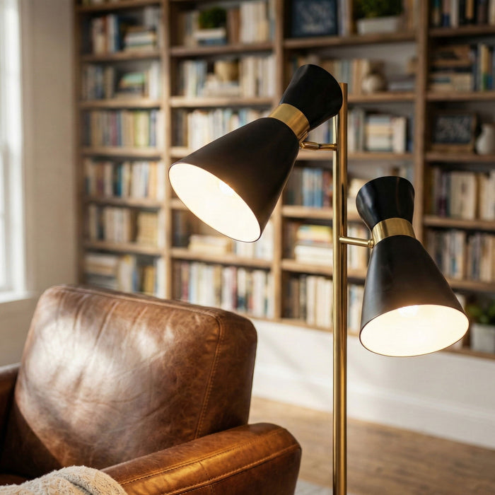 Axis - Floor Lamp With 4 Way Switch Double Spots With Base - Black / Gold Ashcroft Furniture
