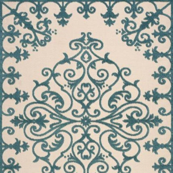 10' X 13' Non Skid Indoor / Outdoor Area Rug - Aqua Damask