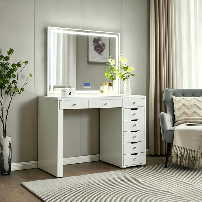 Makeup Vanity Desk With LED Lighted Mirror, 9 Drawers For Bedroom - Gloss White Home Essentials