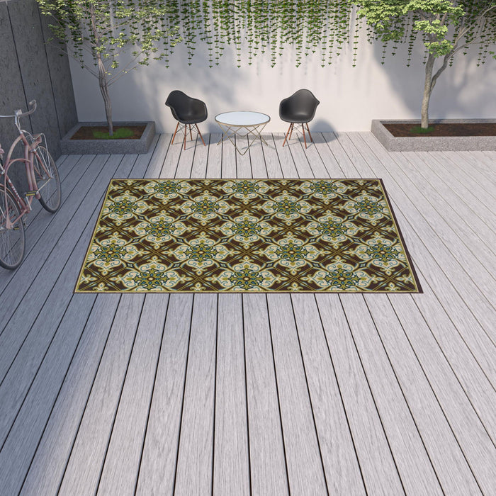 9' X 13' Floral Stain Resistant Indoor / Outdoor Area Rug - Brown / Ivory