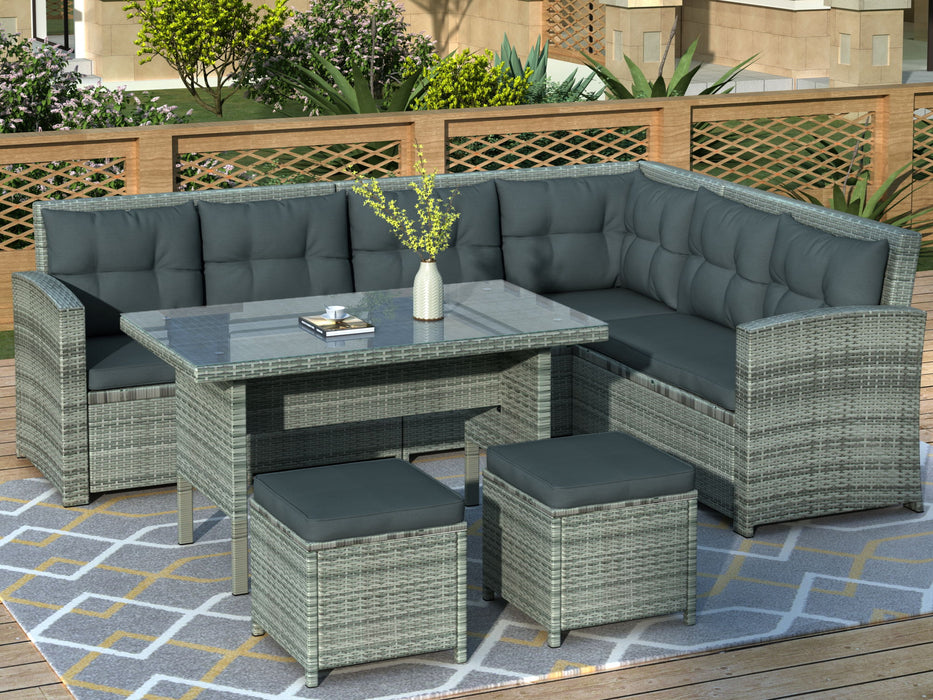 Topmax 6 Piece Patio Furniture Set Outdoor Sectional Sofa With Glass Table, Ottomans For Pool, Backyard, Lawn (Gray)