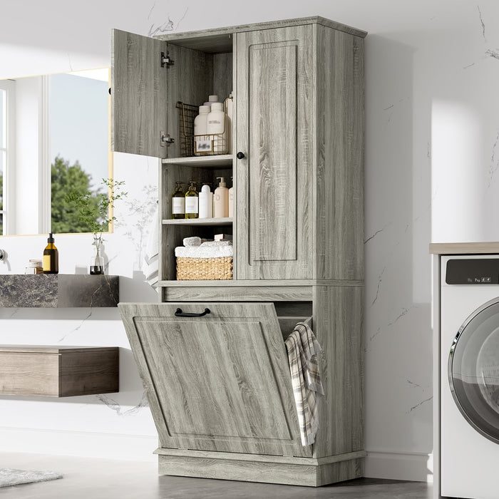 Modern Tall Storage Cabinet With Adjustable Shelves, Flip-Out Basket & Enclosed Doors Hearth and Haven