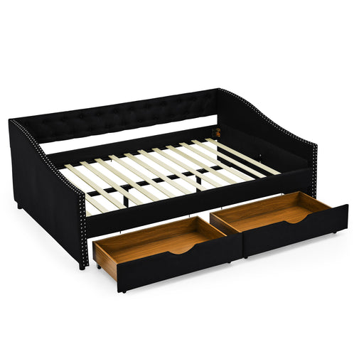 Upholstered Tufted Daybed With 2 Drawers, Waved Arms Home Essentials