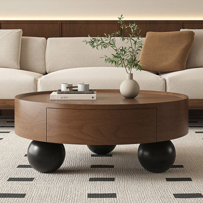 Round Coffee Table With Storage Drawer And Ball Feet - Walnut / Black Home Essentials