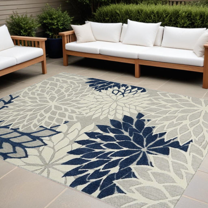 10' X 13' Floral Non Skid Indoor / Outdoor Area Rug - Ivory / Navy