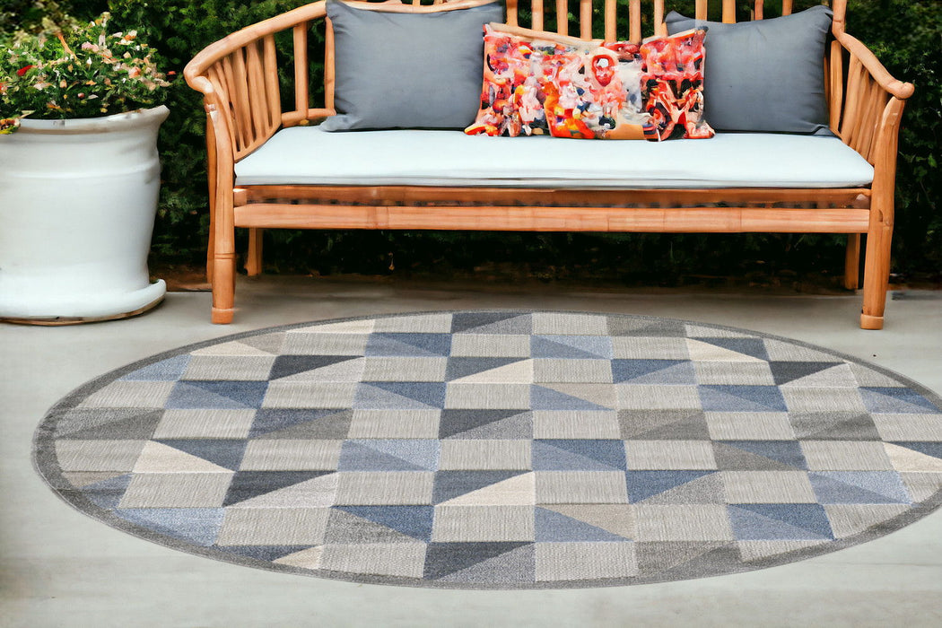 8' Round Round Geometric Stain Resistant Indoor / Outdoor Area Rug - Blue / Gray