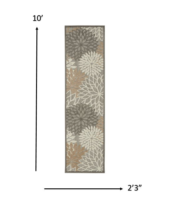 2' X 10' Floral Indoor & Outdoor Area Rug - Gray / Ivory