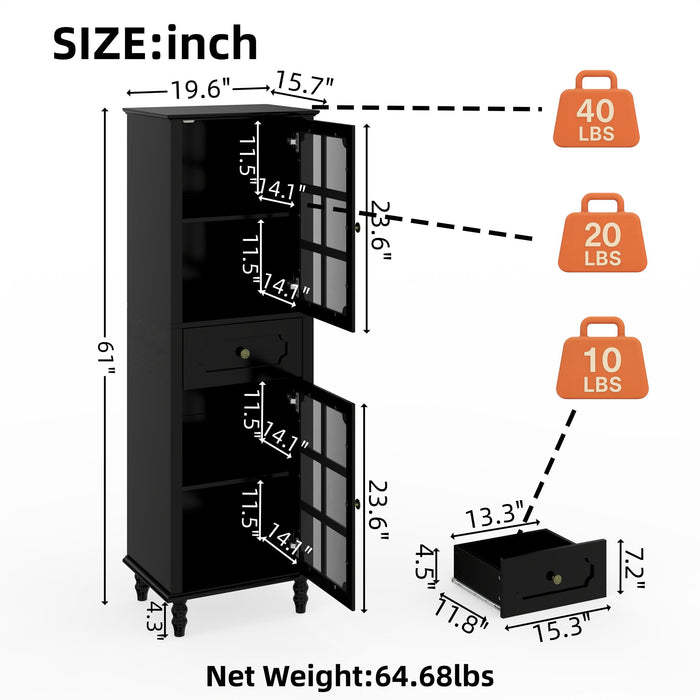 Storage Cabinet, Freestanding Curio Cabinet With Grid Doors & Drawer, Pantry Display Cabinet For Kitchen Home Essentials