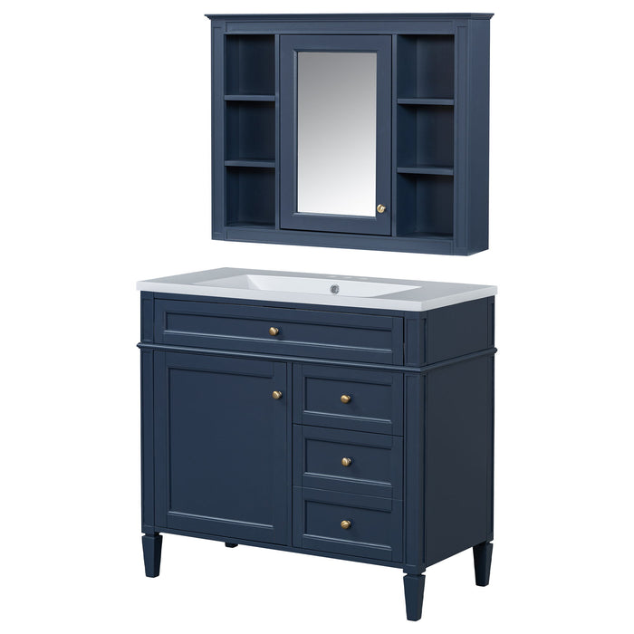 Bathroom Vanity With Top Sink, Storage Cabinet With Mirror, 2 Doors, 3 Drawers, 6 Open Shelves