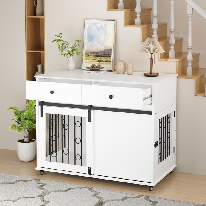 Dog Crate Furniture With Double Drawers And Sliding Barn Door, Pet Kennel For Small To Medium Dogs - White Home Essentials