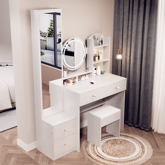 Full Body Mirror Cabinet / Round Mirror LED Vanity Table / Cushioned Stool, 17" Diameter LED Mirror, Touch Control, 3 Color, Brightness Adjustable, Large Desktop, Multi - Layer High Capacity Storage
