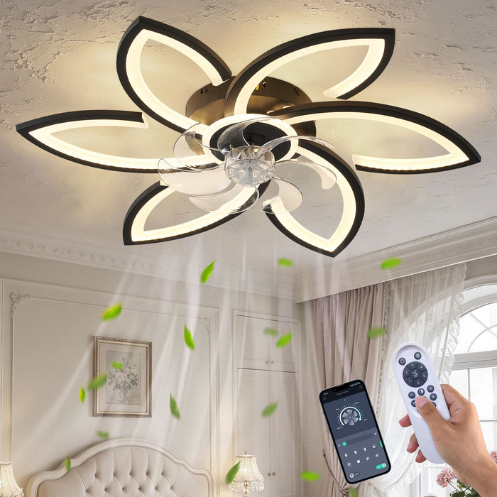 30" Flower 6 Speed Ceiling Fan With Remote Controlled LED Lights, Low Profile Flush Mount Fan Daily Nest