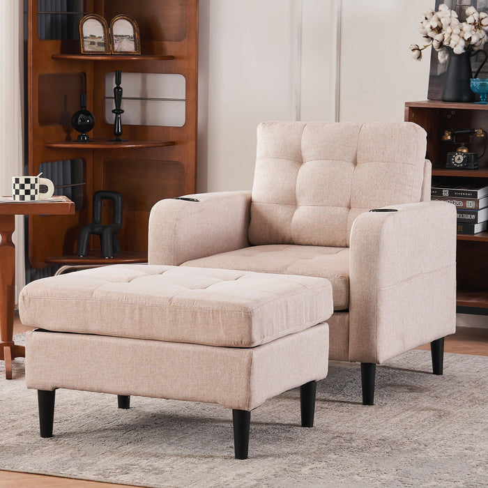 Upholstered Armchair And Storage Ottoman Set, Comfortable Single Sofa With Cup Holders And Tufted Detailing, Ideal For Living Room Or Bedroom