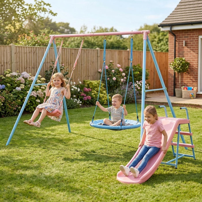 Xns107 - 2 Swing Set With Slide For Outdoor - Blue / Pink Daily Nest