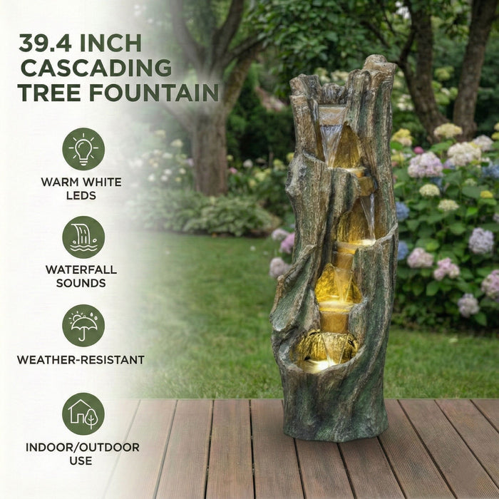 Tree Trunk Cascading Water Fountain, Outdoor LED Lighted - Gray Daily Nest