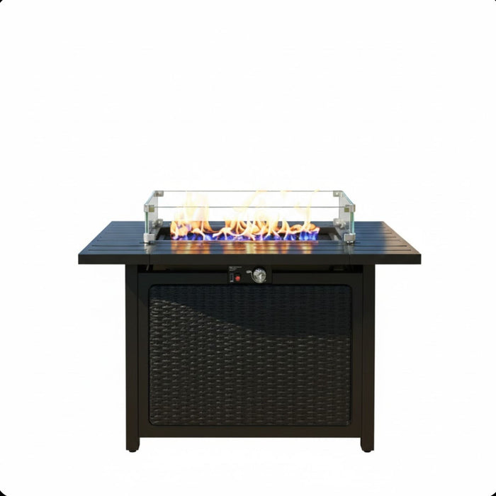 Outdoor 2 In 1 Propane Fire Pit Table With Lid & Glass Shield, Rectangular Fire Table, Lava Rock & Cover - Black