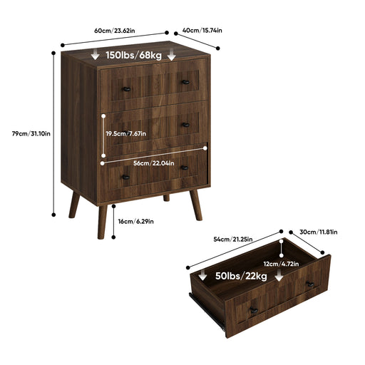 3 Drawer Dresser, Storage Cabinet With Vertical Grooves For Bedroom - Walnut Home Essentials