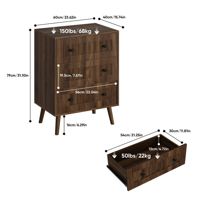 3 Drawer Dresser, Storage Cabinet With Vertical Grooves For Bedroom - Walnut Home Essentials