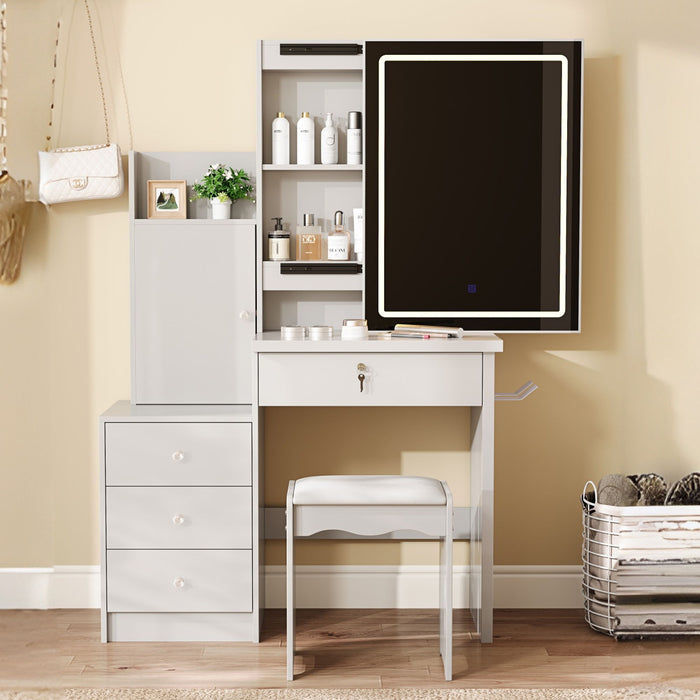 Vanity Desk Set With Sliding Lighted Mirror, 4 Drawer Makeup Dressing Table With 9 Storage Spaces, Hidden Compartments & Cushioned Stool, Beauty Furniture For Bedroom - White Home Essentials