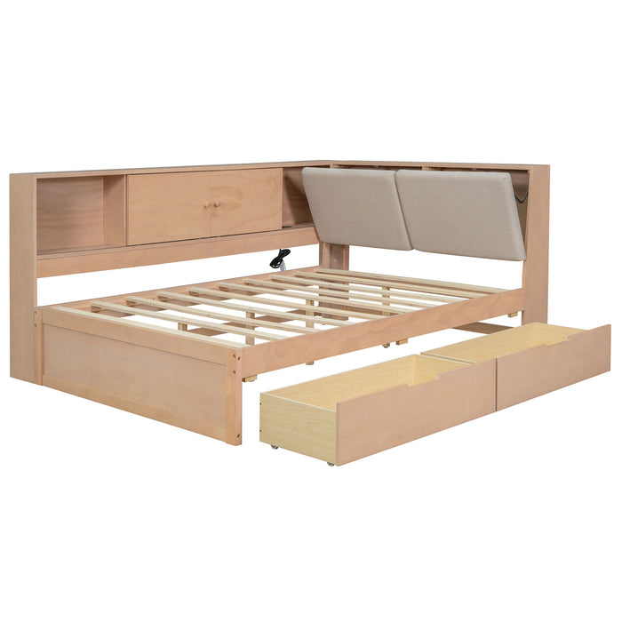 L-Shaped Daybed Corner Bed Under Bed Drawers With Storage Bookcase And Upholstered Headboard And USB Charging Ports