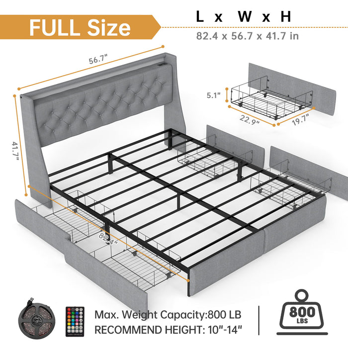 Platform Bed Frame With RGB LED Lights, Charging Station, Storage Headboard & 4 Underbed Drawers Home Essentials