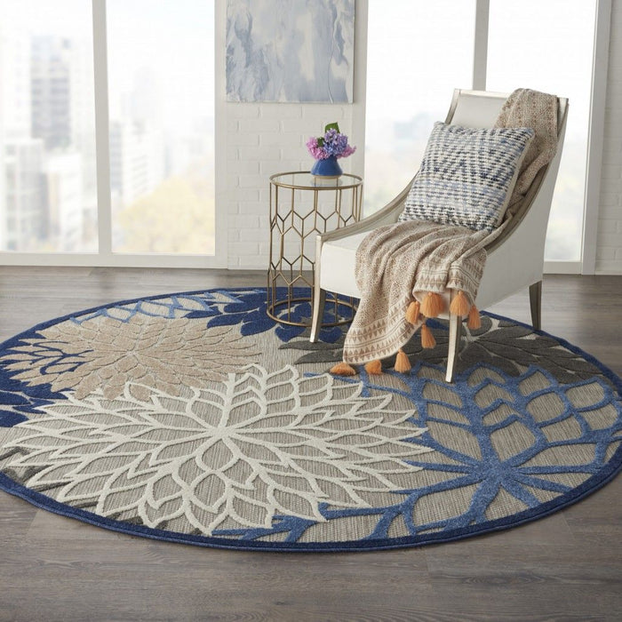 8' Round Round Floral Indoor / Outdoor Area Rug - Blue / Gray